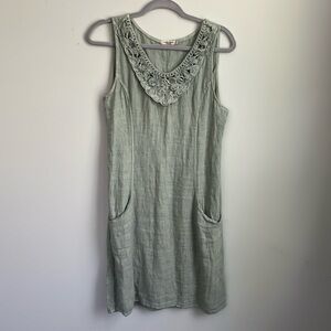 Womens Lungo Larno Sleeveless Linen V Curled Neck Design Green S Front Pockets